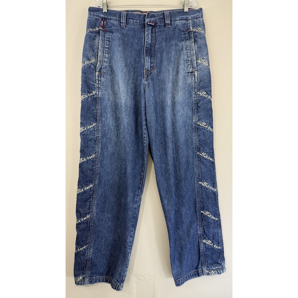 Vtg Willie + Esco Duns Jeans Men's Actual 35x31 Baggy Embroidered Spell Out Logo